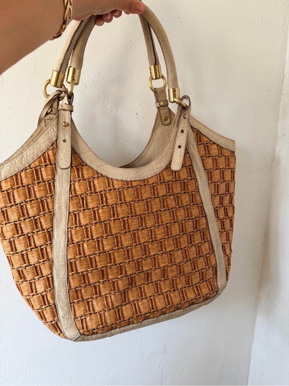 Brahmin Woven Straw Tote with Cream Leather Trim embossed croc - Picture 6 of 12